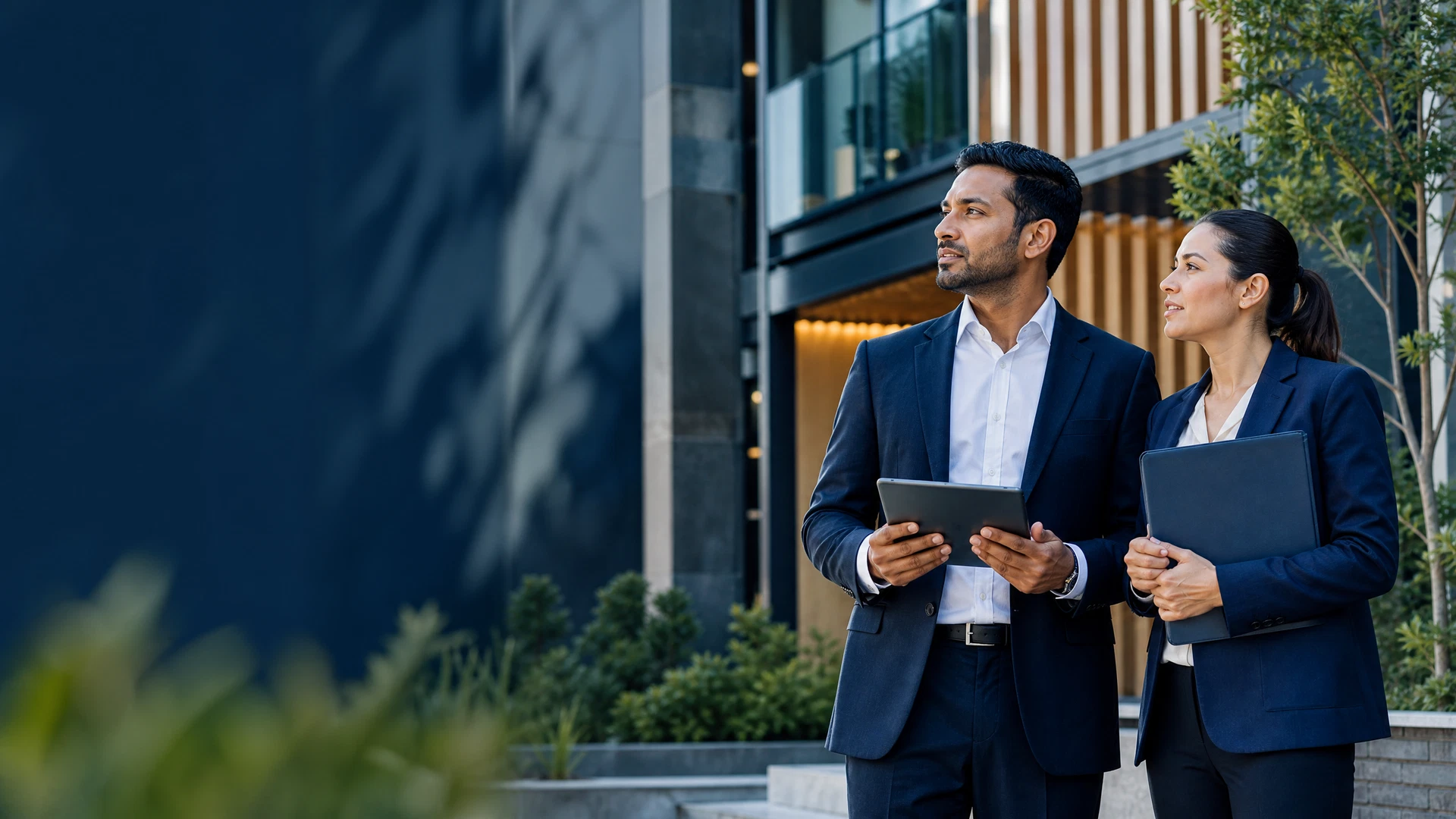 Property manager and healthcare service coordinator reviewing arrangements outside a contemporary New Zealand property